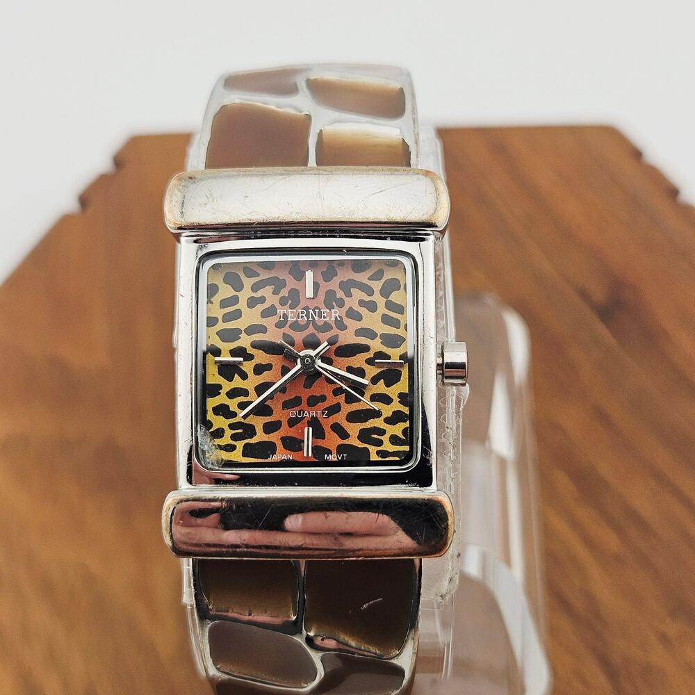 Terner Women's Animal Print Cuff Bracelet Watch Silver Brown Cheetah Leopard